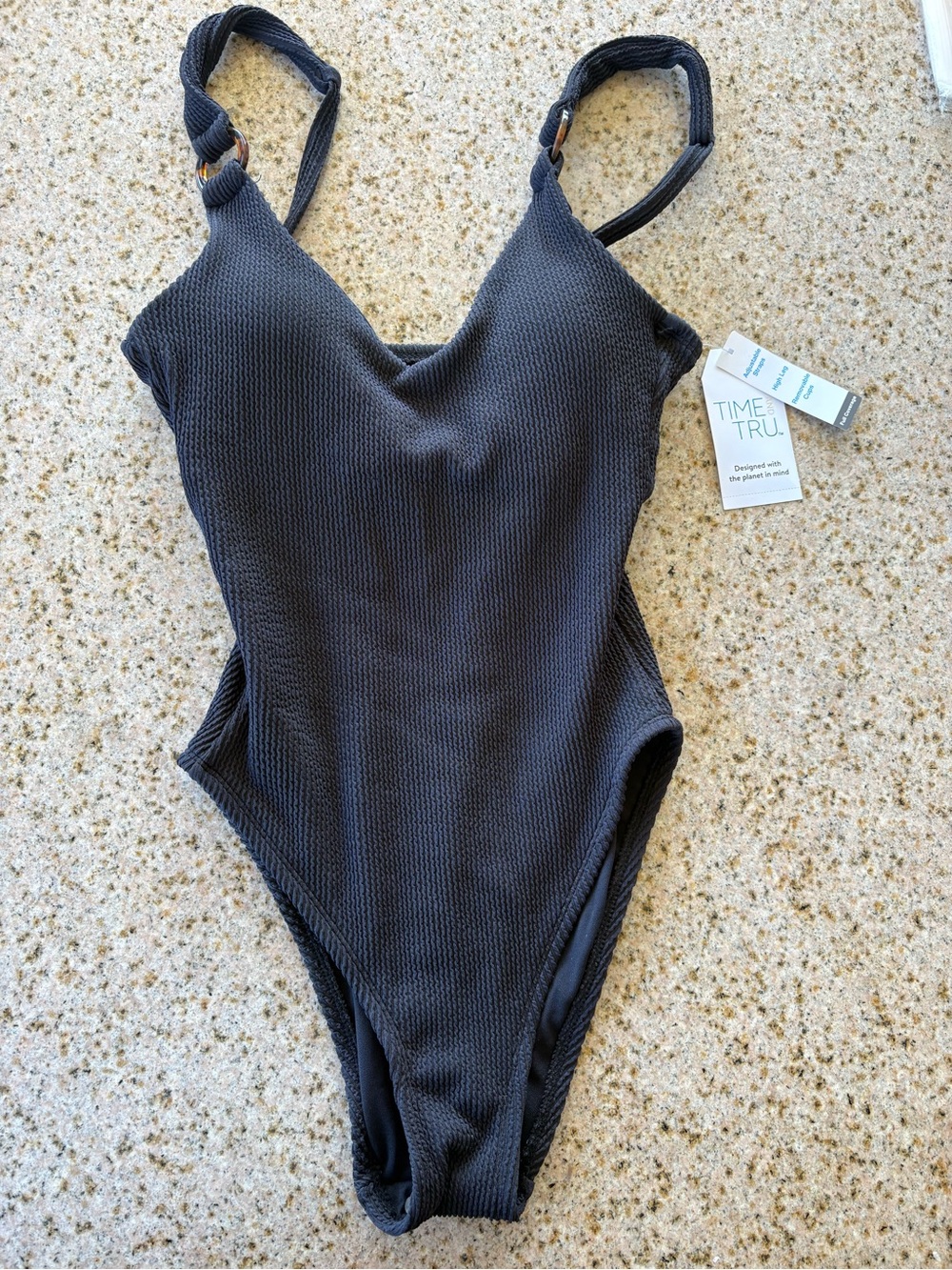 NWT~Time and Tru Black Ribbed One-Piece Swimsuit with Adjustable Straps
